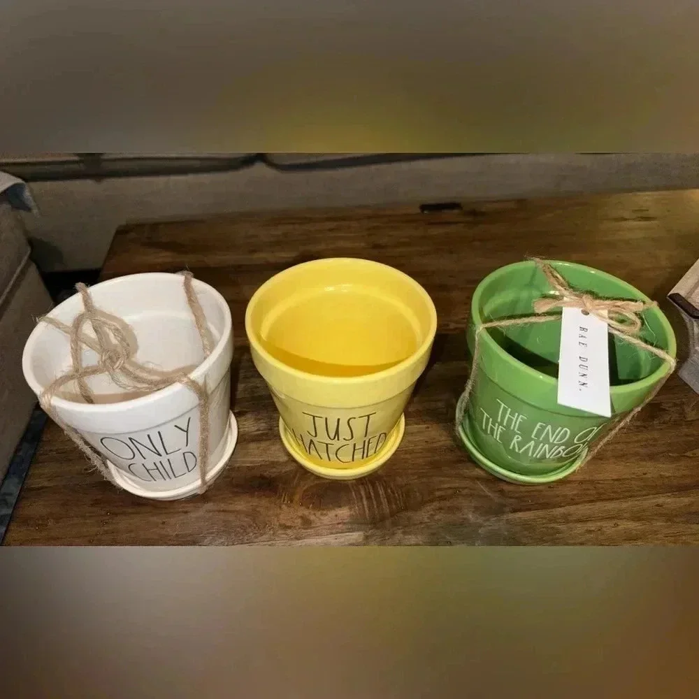 NWT RAE DUNN Magenta Set of 3 Ceramic Flower Pot Planters White/Yellow/Green